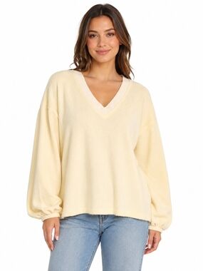 Papermoon Pale Yellow V-Neck Balloon Sleeve Sweater Wonen's Size S  Boho